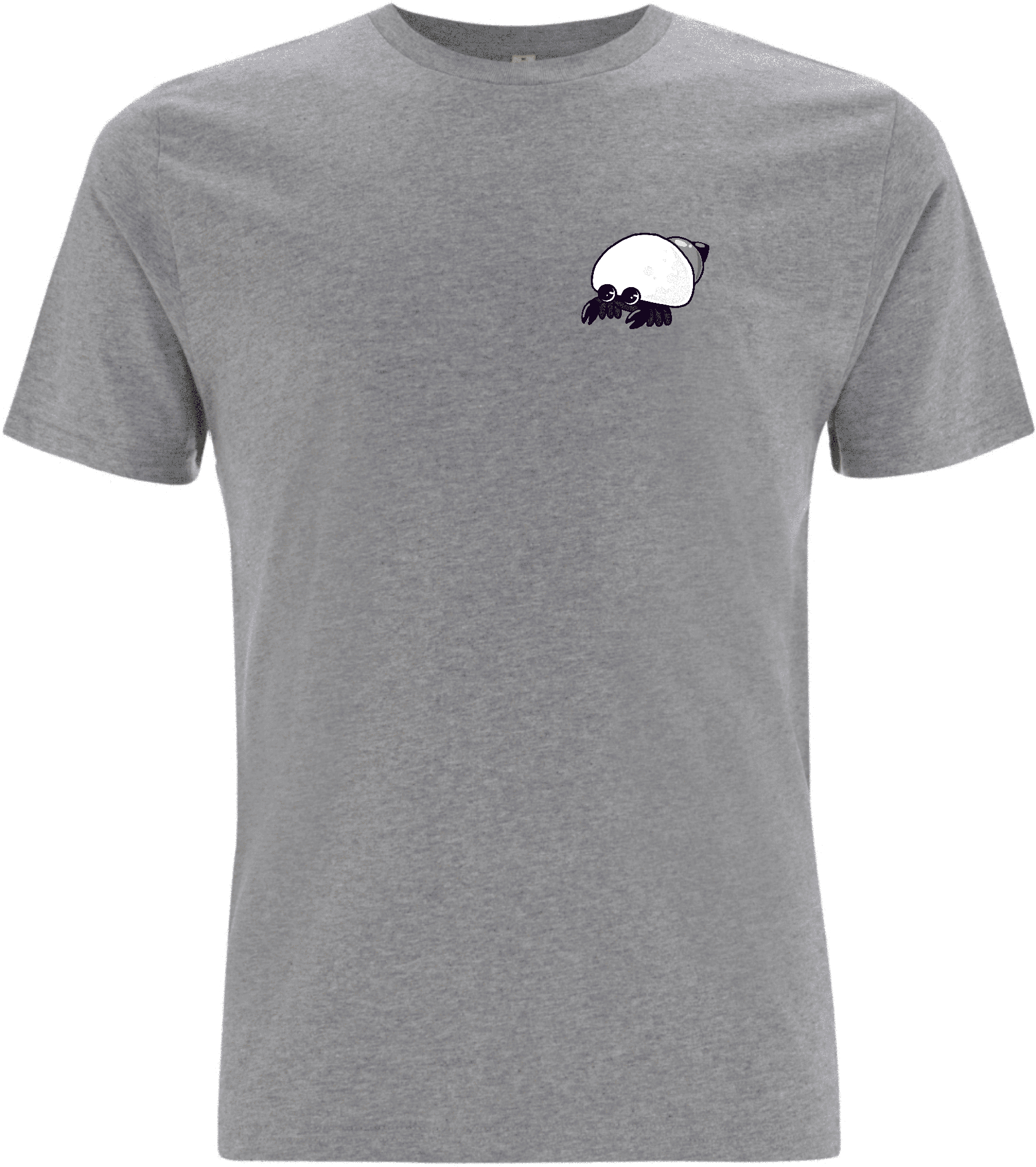 Graues T-Shirt mit einem bunten, cartoonhaften Krabbenmotiv auf der linken Brustseite.