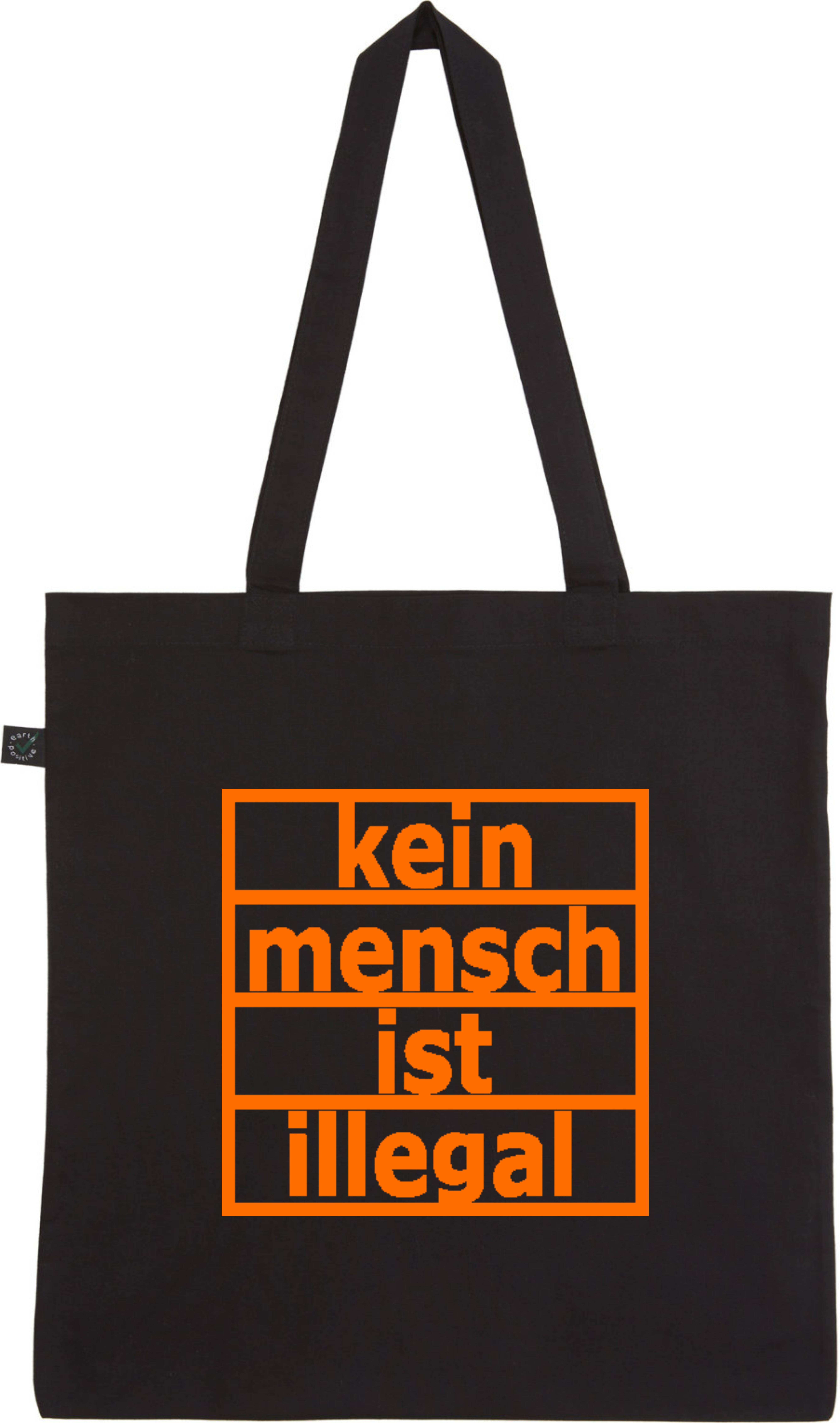 Schwarze Tragetasche mit orangefarbigem Aufdruck "kein mensch ist illegal".