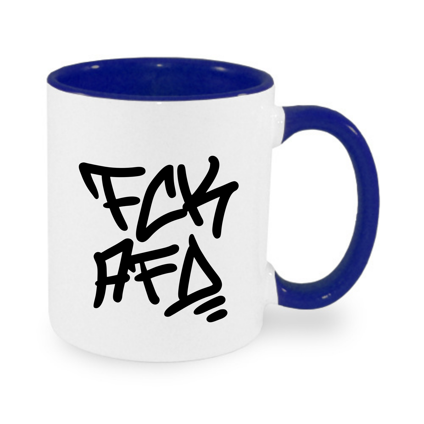 Tasse mit schwarzem Graffiti-Schriftzug "FCK AFD" auf weißem Grund und blauen Henkel.
