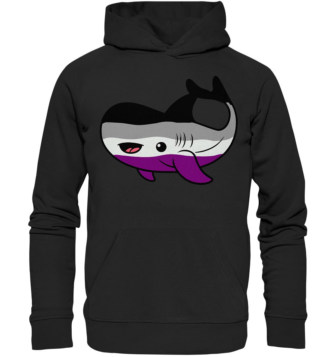 Schwarzer Hoodie mit einem bunten, cartoonhaften Haifisch-Design.