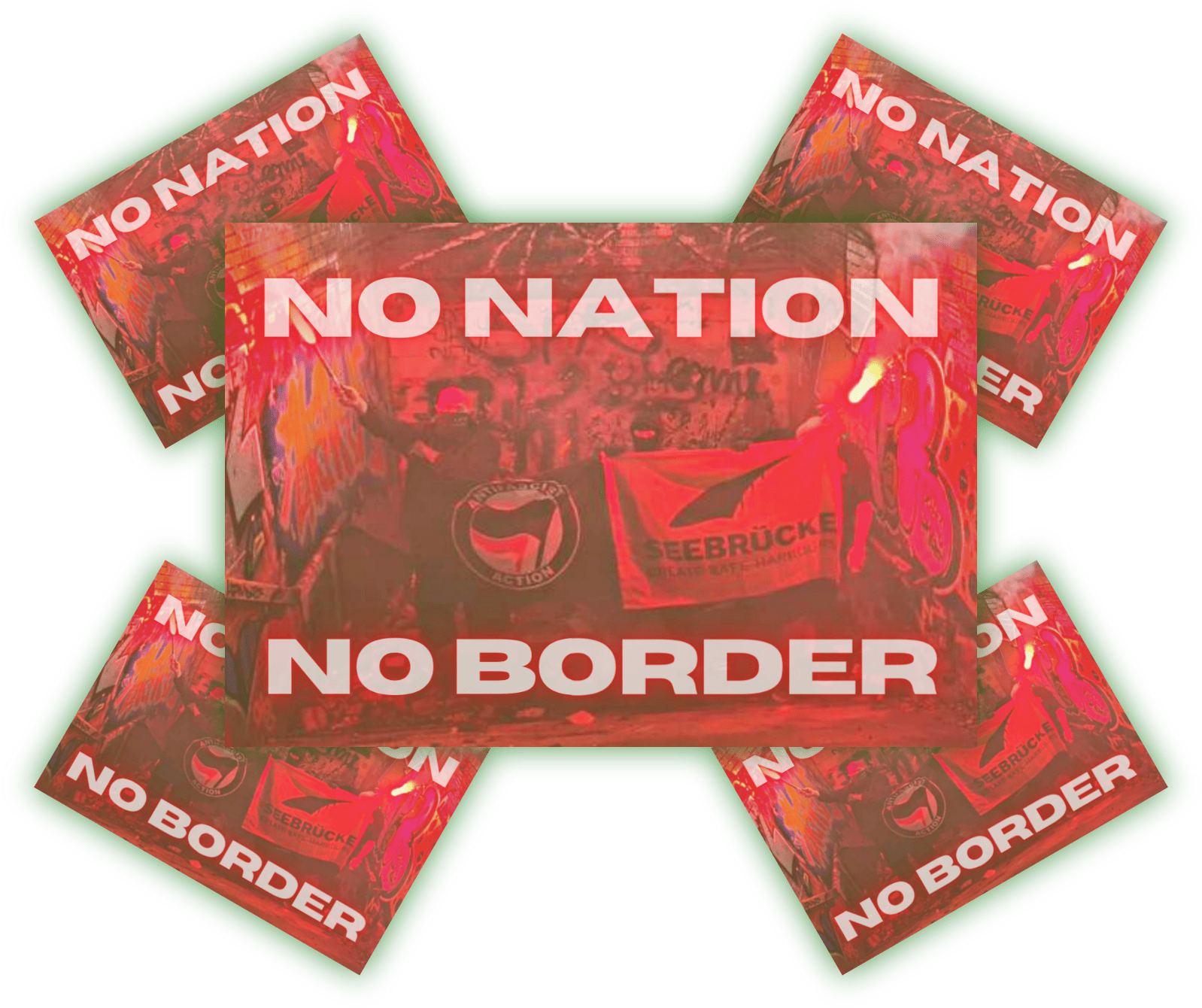 Politisches Banner mit der Botschaft "NO NATION NO BORDER". Banner mit dem Slogan "NO NATION NO BORDER" auf rotem Hintergrund, umgeben von Grafiken und Symbolen.