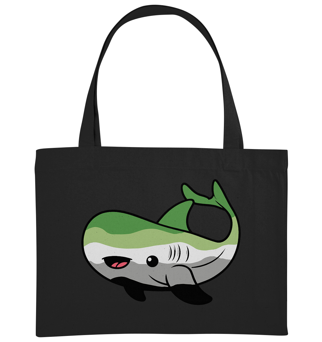 Tasche mit einem niedlichen, cartoonhaften Wal-Design in Grüntönen auf schwarzem Hintergrund.