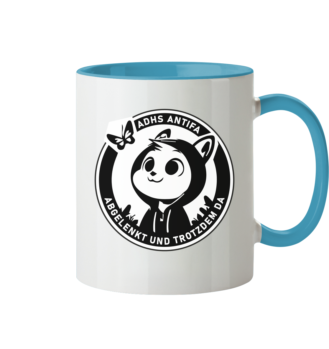 Tasse mit blauem Henkel und einzigartigem Design, das einen Cartoon-Charakter mit dem Schriftzug "ADHS ANTIFA" sowie dem Motto "Abgelenkt und trotzdem da" zeigt.