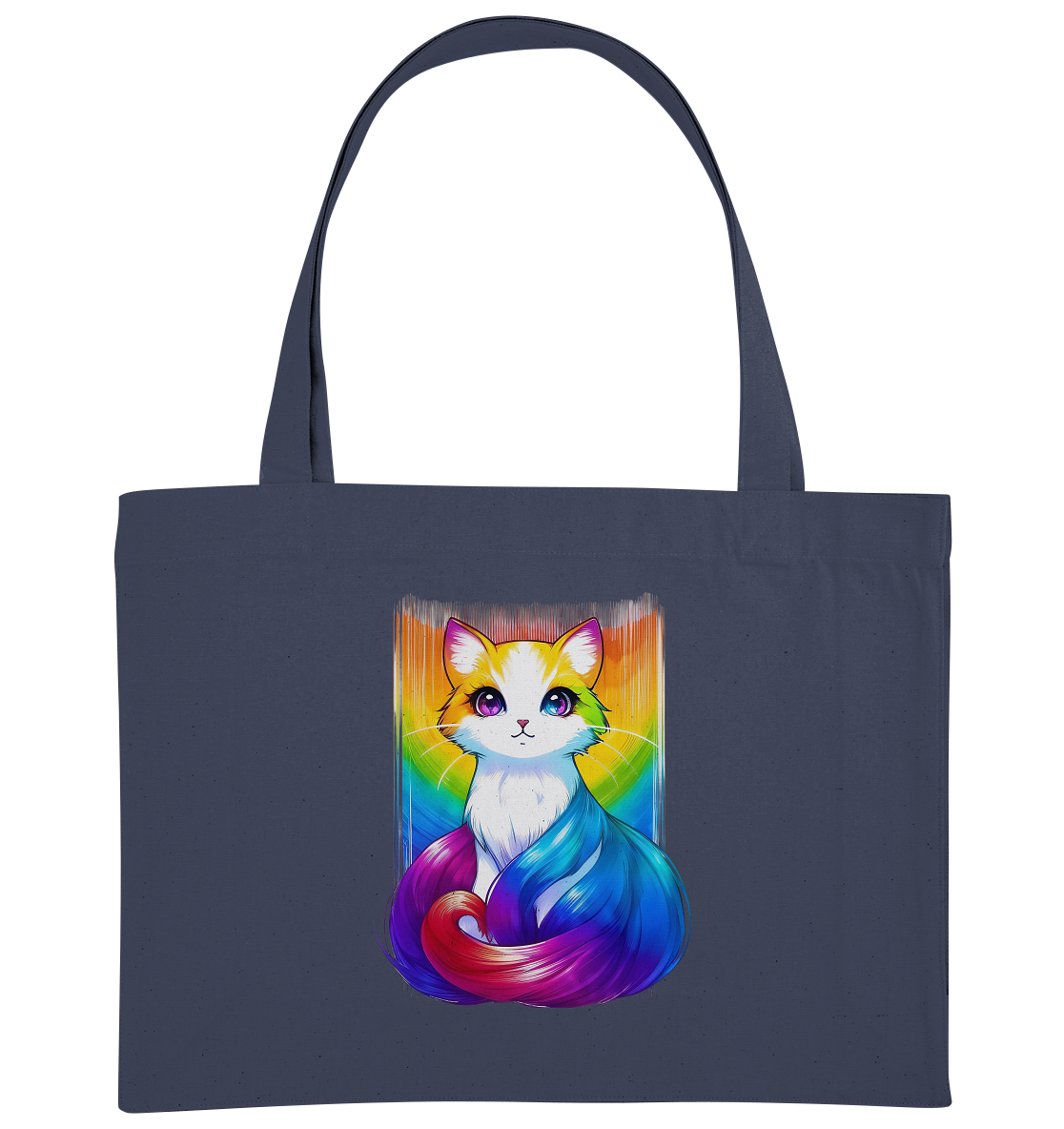 Eine stilvolle Tasche mit einem bunten Cartoon-Katzenmotiv, das lebendige Farben und ein freundliches Gesicht zeigt.