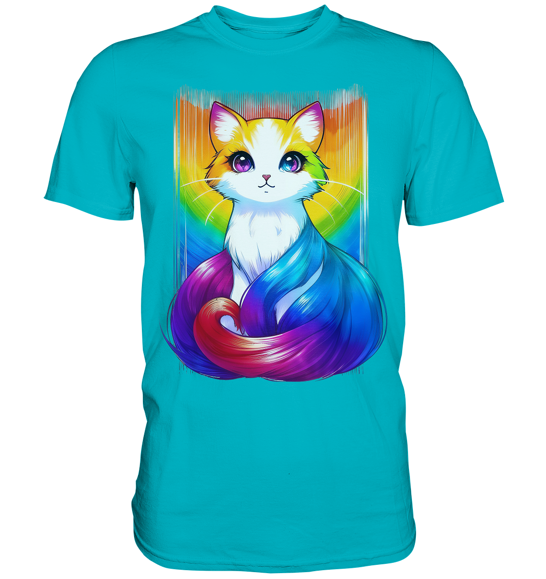 T-Shirt in Türkis mit farbenfrohem Katzenmotiv und Regenbogenhintergrund.