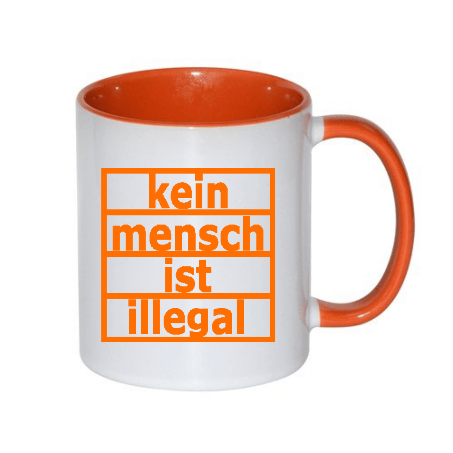 Tasse mit orangefarbenem Henkel und Innenseite, bedruckt mit dem Schriftzug "kein mensch ist illegal" in orange.