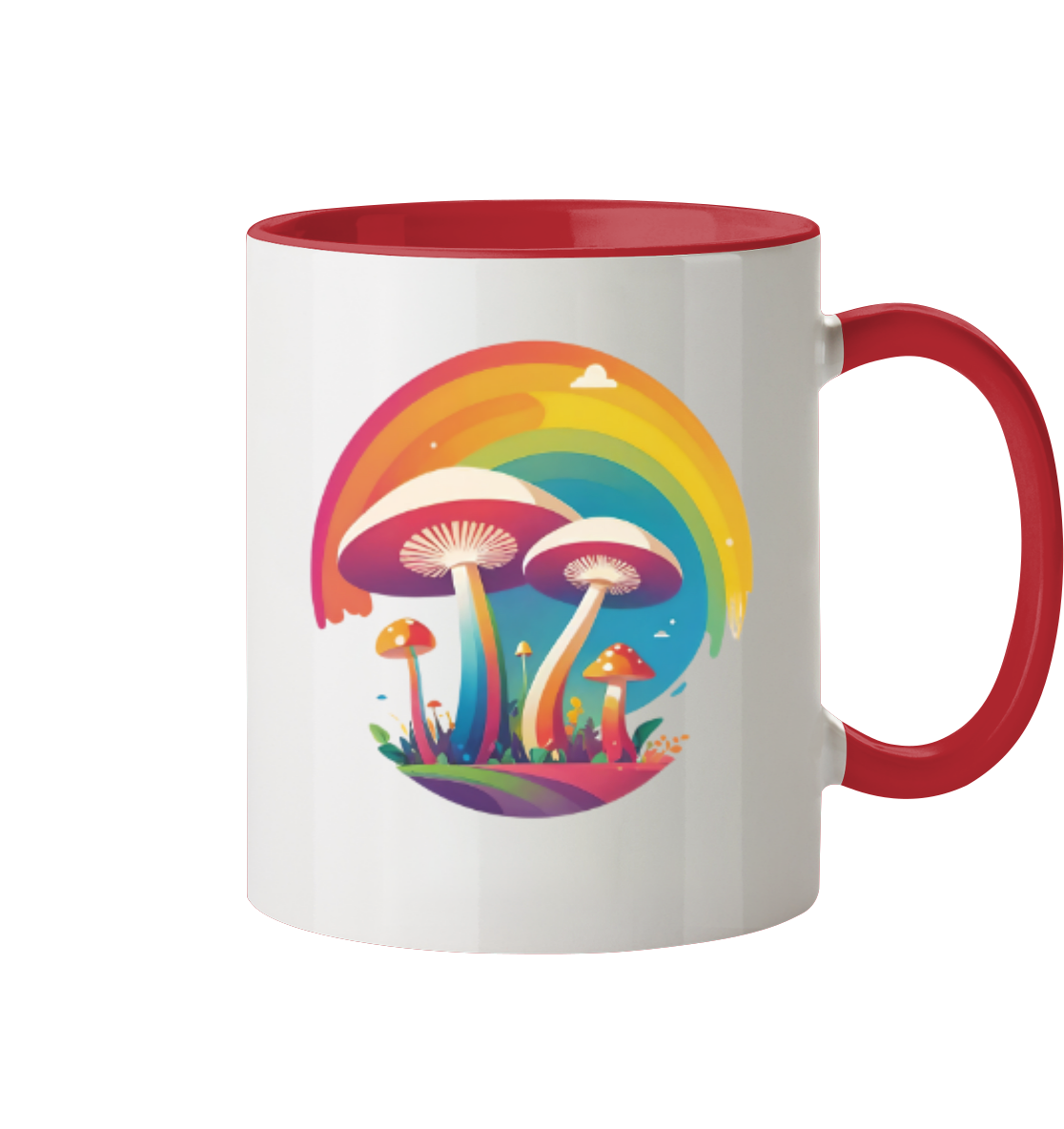 Bunte Tasse mit einem schicken Design aus Pilzen und einem Regenbogen.