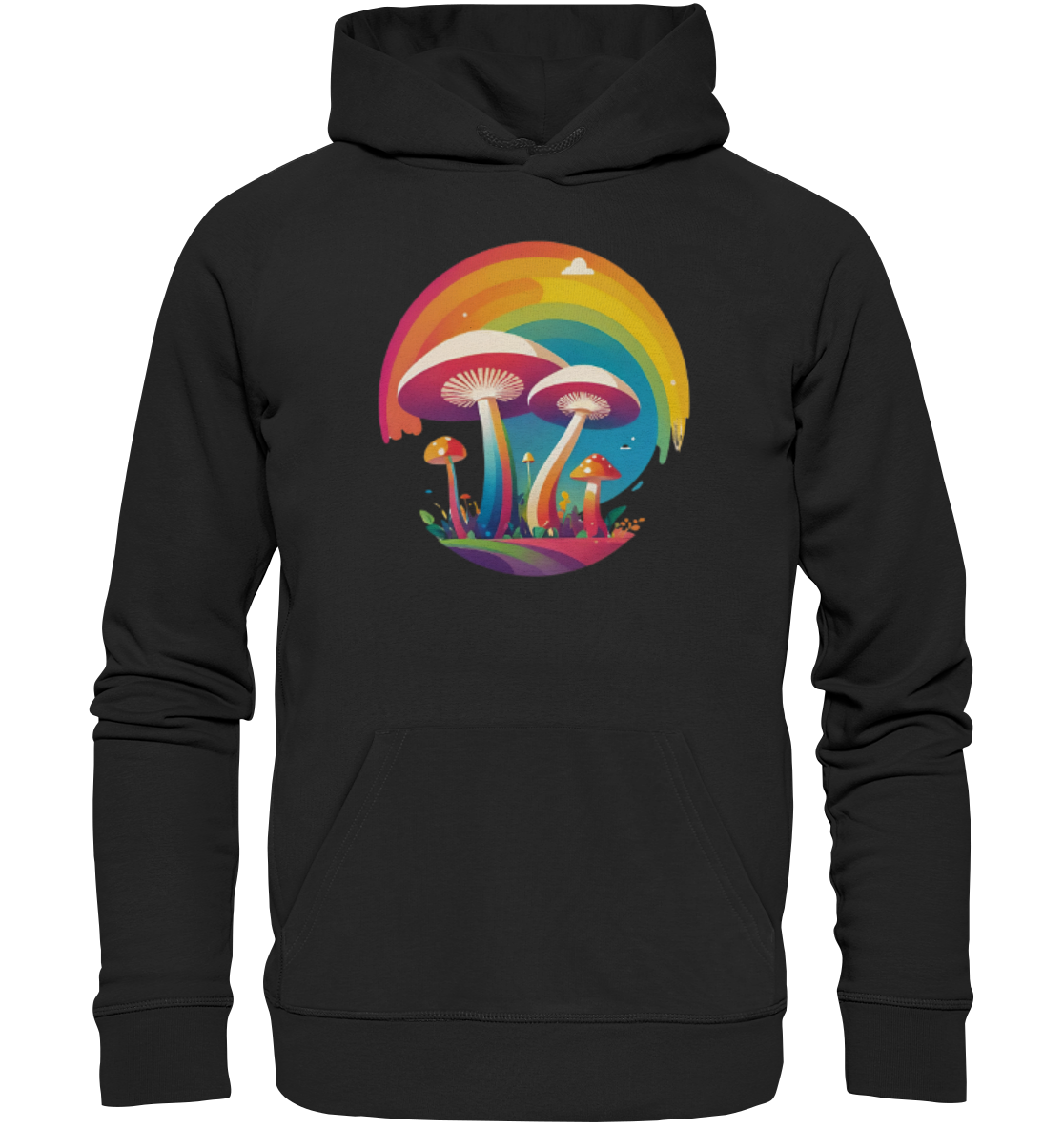 Bunter Hoodie mit einem grafischen Design von Pilzen und einem Regenbogen im Hintergrund.