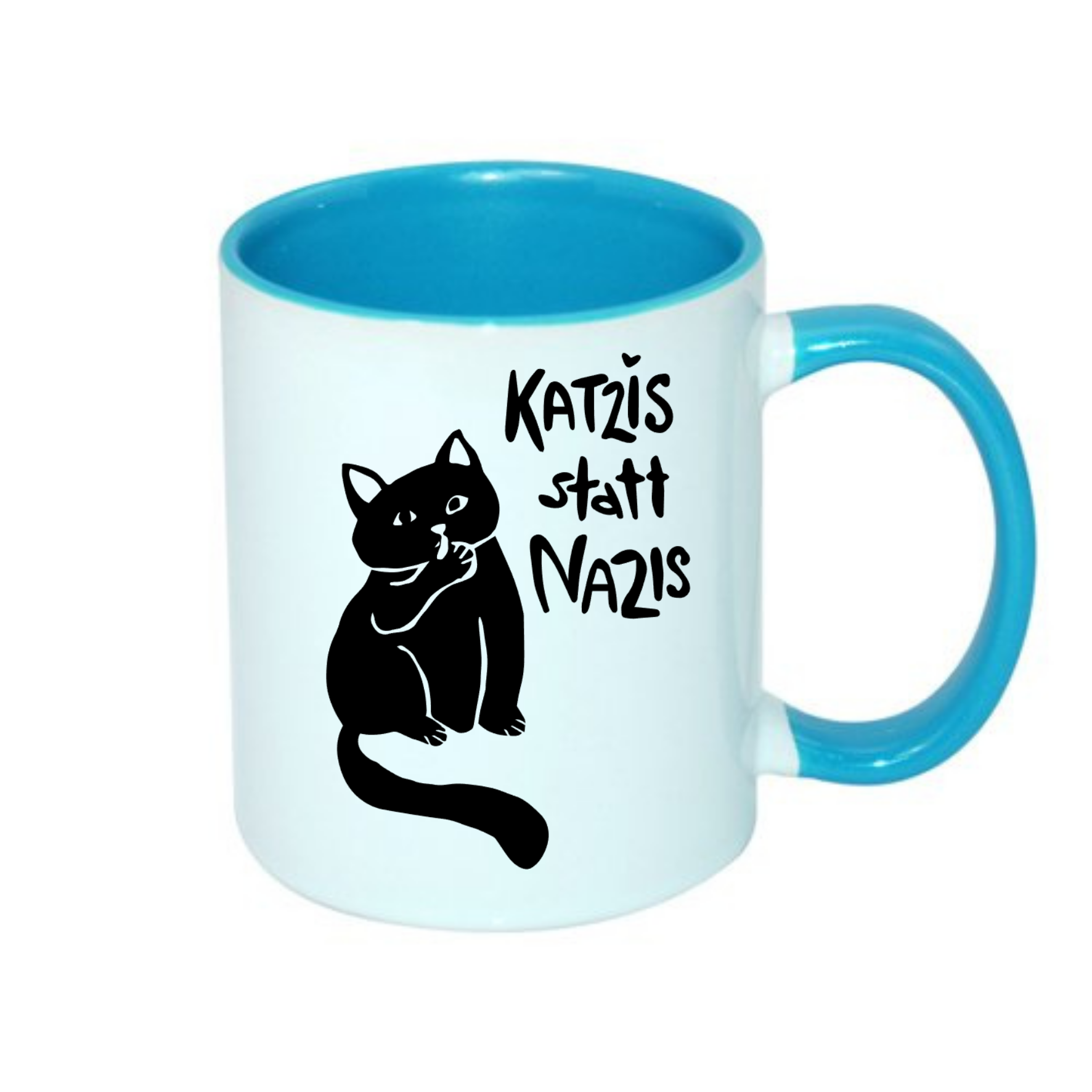 Tasse mit blauem Henkel und Innenraum, bedruckt mit einem schwarzen Katzenmotiv und dem Schriftzug "Katzis statt Nazis".