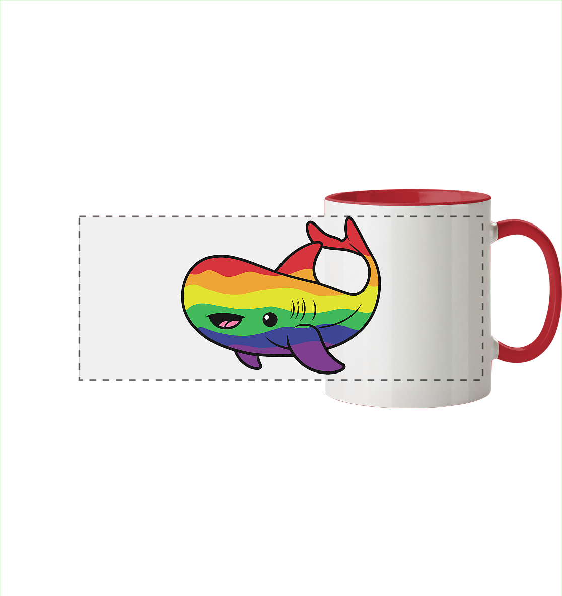 Tasse mit einem bunten Wal-Design in Regenbogenfarben.