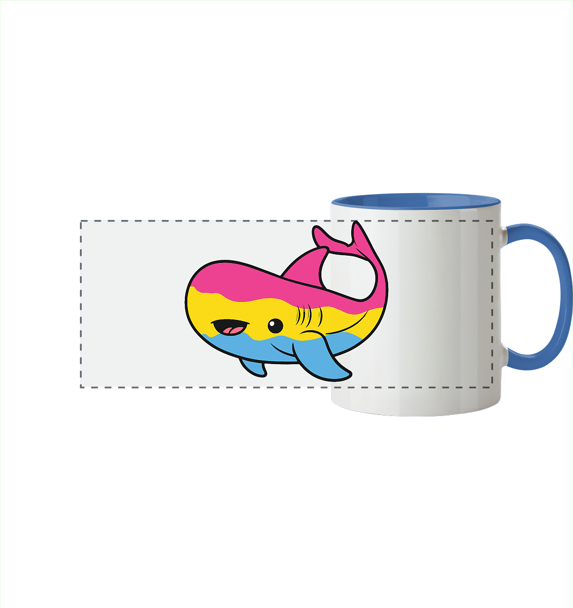 Bunte Tasse mit einem fröhlichen, cartoonhaften Wal-Motiv in Pink, Gelb und Blau.