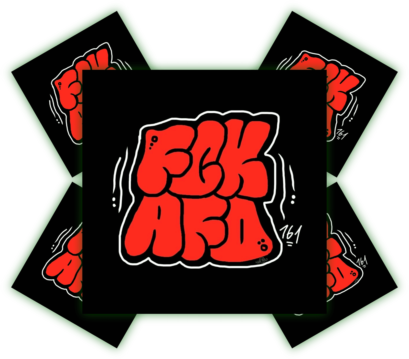 Kreative Gestaltung mit dem Schriftzug "FCK AFD" in auffälligen Farben. Grafik mit dem wütenden Schriftzug "FCK AFD" in leuchtendem Rot auf schwarzem Hintergrund.
