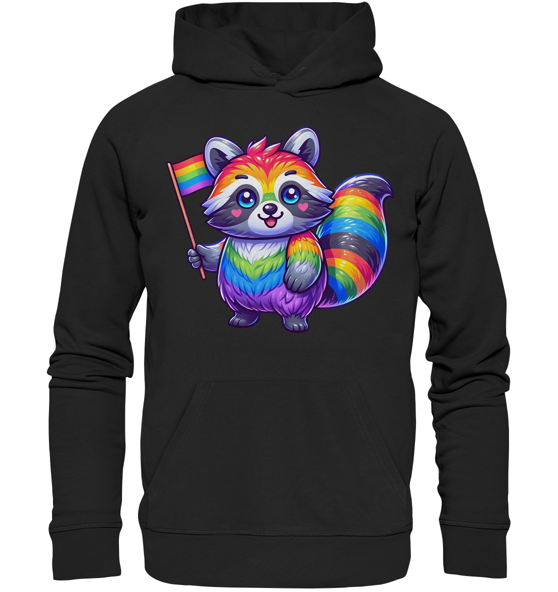 Bunt bedruckter Hoodie mit einem niedlichen, regenbogenfarbigen Waschbären, der eine Fahne hält.