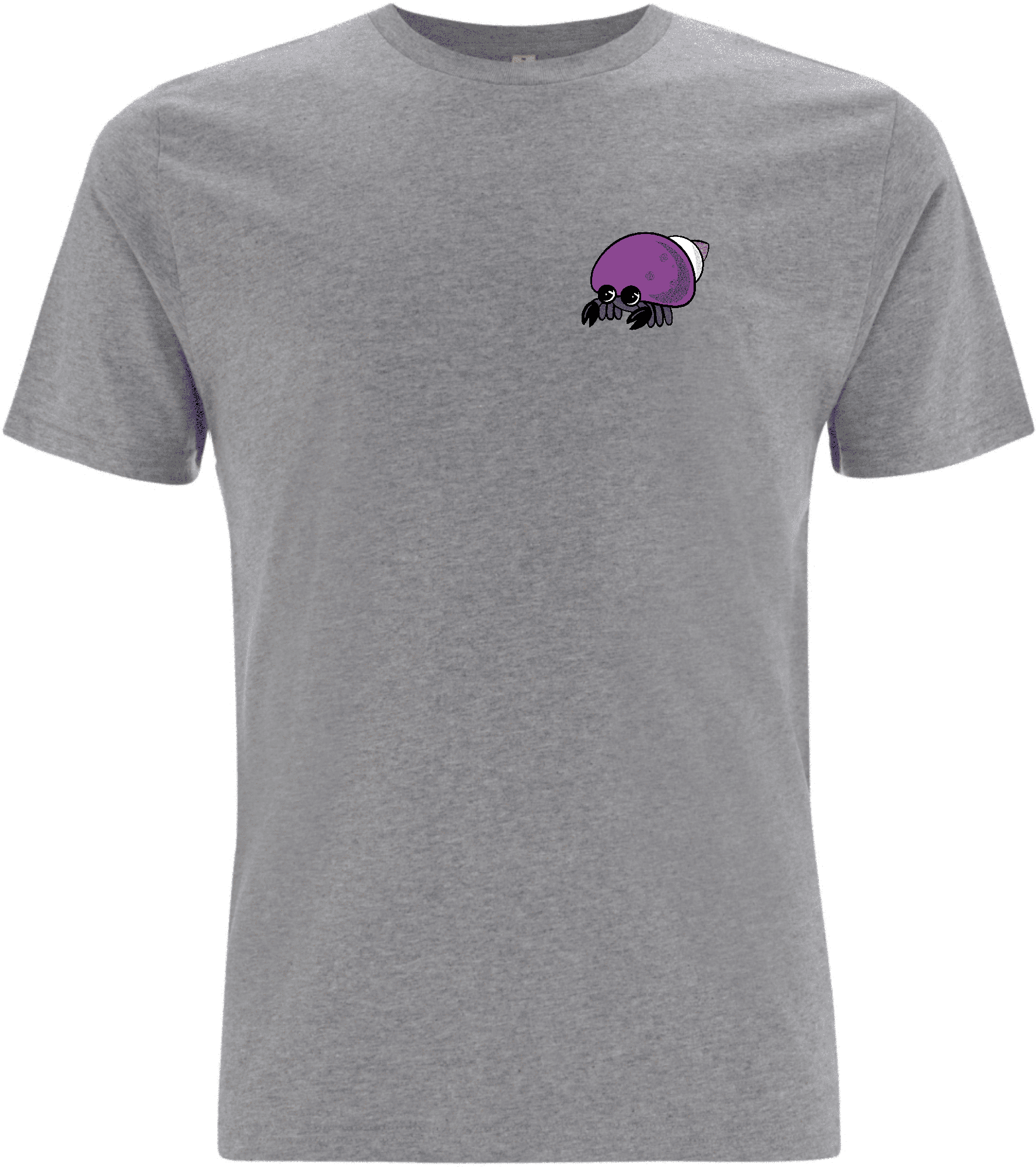 Graues T-Shirt mit buntem, cartoonhaftem Krabben-Design auf der linken Brustseite.