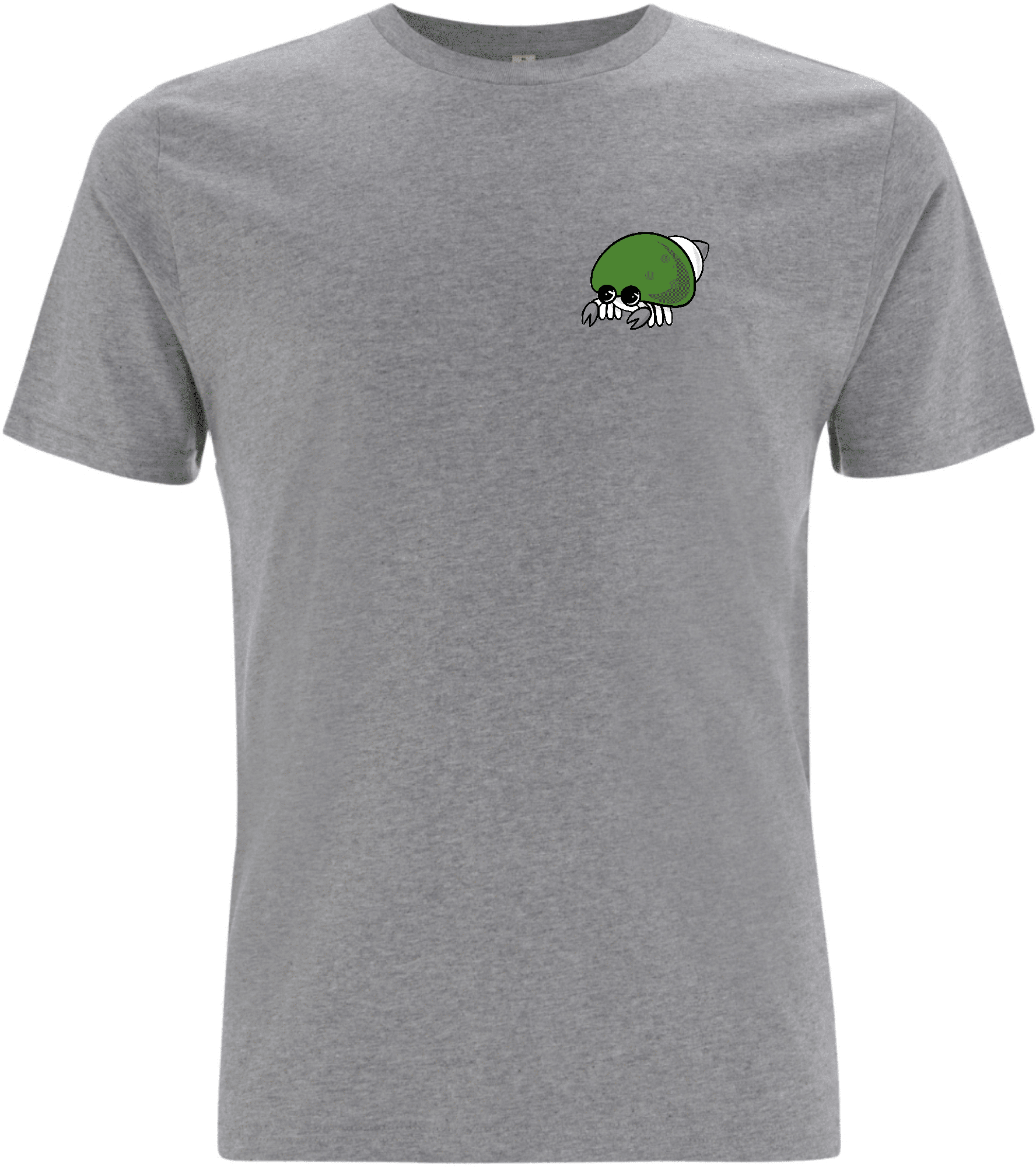 Graues T-Shirt mit einem niedlichen, stilisierten Käfer-Motiv auf der linken Brustseite.