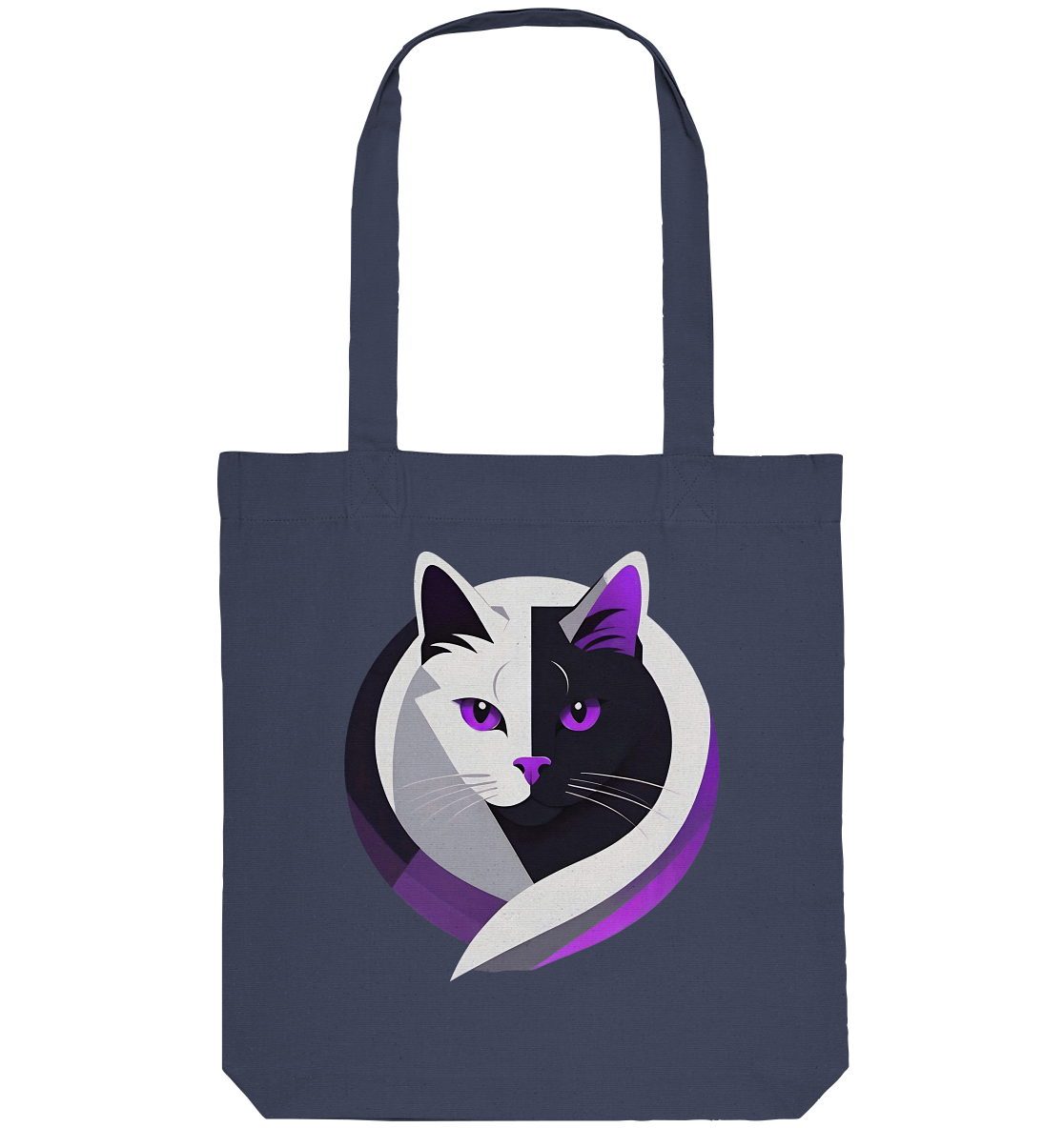 Stylische Stofftasche mit einem künstlerischen Design eines zweifarbigen Katzenkopfes in Weiß und Schwarz.